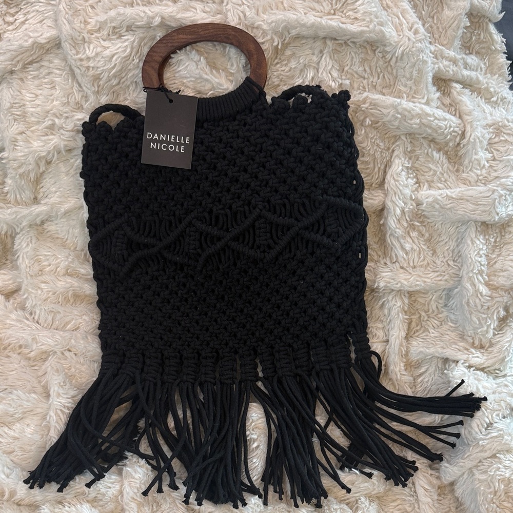 Danielle Nicole NWT Black Macramé Tote with Wooden Handles